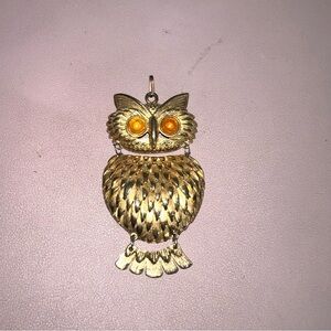 Vintage MCM Articulated Owl Pendant Gold Tone Orange Eyes 1970s 3 Tiered Antique